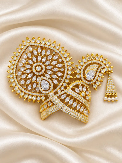 Rajsi Chandrika AD Mukut for Deity with elegant royal styling and sparkling AD stone work. A beautiful crown for Laddu Gopal and festive shringar.
