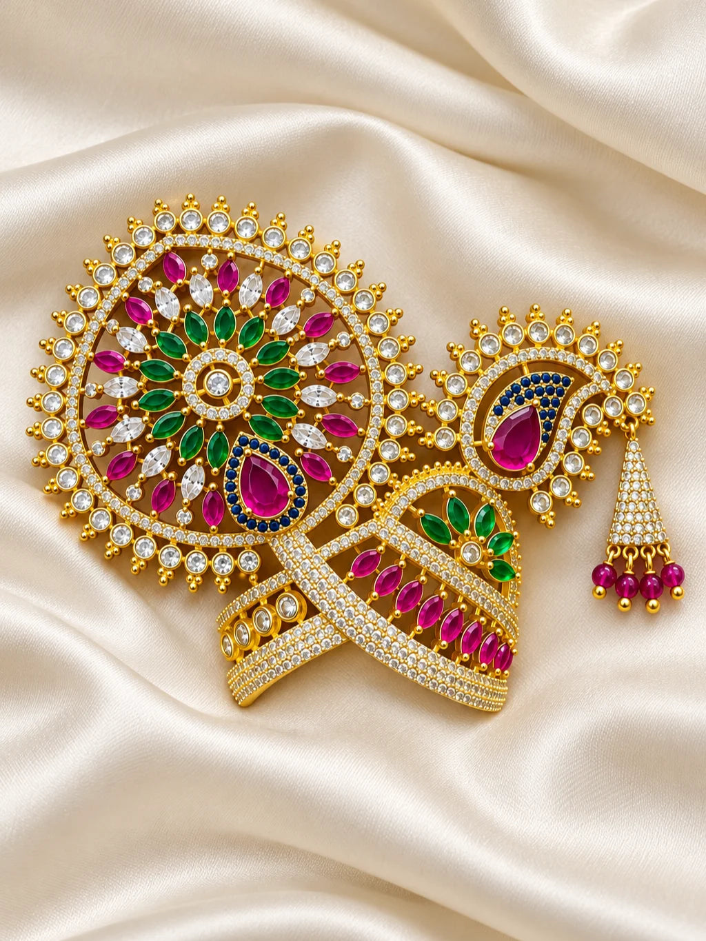 Rajsi Chandrika AD Mukut for Deity with elegant royal styling and sparkling AD stone work. A beautiful crown for Laddu Gopal and festive shringar.
