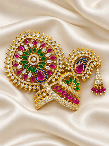 Rajsi Chandrika AD Mukut for Deity with elegant royal styling and sparkling AD stone work. A beautiful crown for Laddu Gopal and festive shringar.
