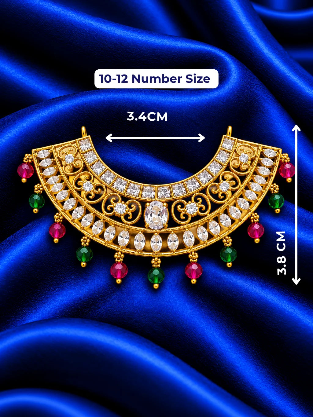 Shop Rajsi Ratnashree AD Necklace for Deity with regal jewel-inspired detailing and sparkling AD stones. Elegant jewellery for Laddu Gopal and festive shringar.

