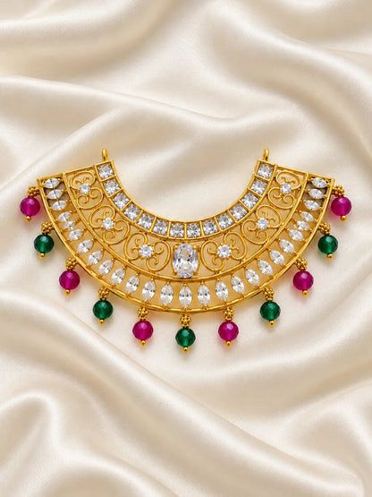 Shop Rajsi Ratnashree AD Necklace for Deity with regal jewel-inspired detailing and sparkling AD stones. Elegant jewellery for Laddu Gopal and festive shringar.
