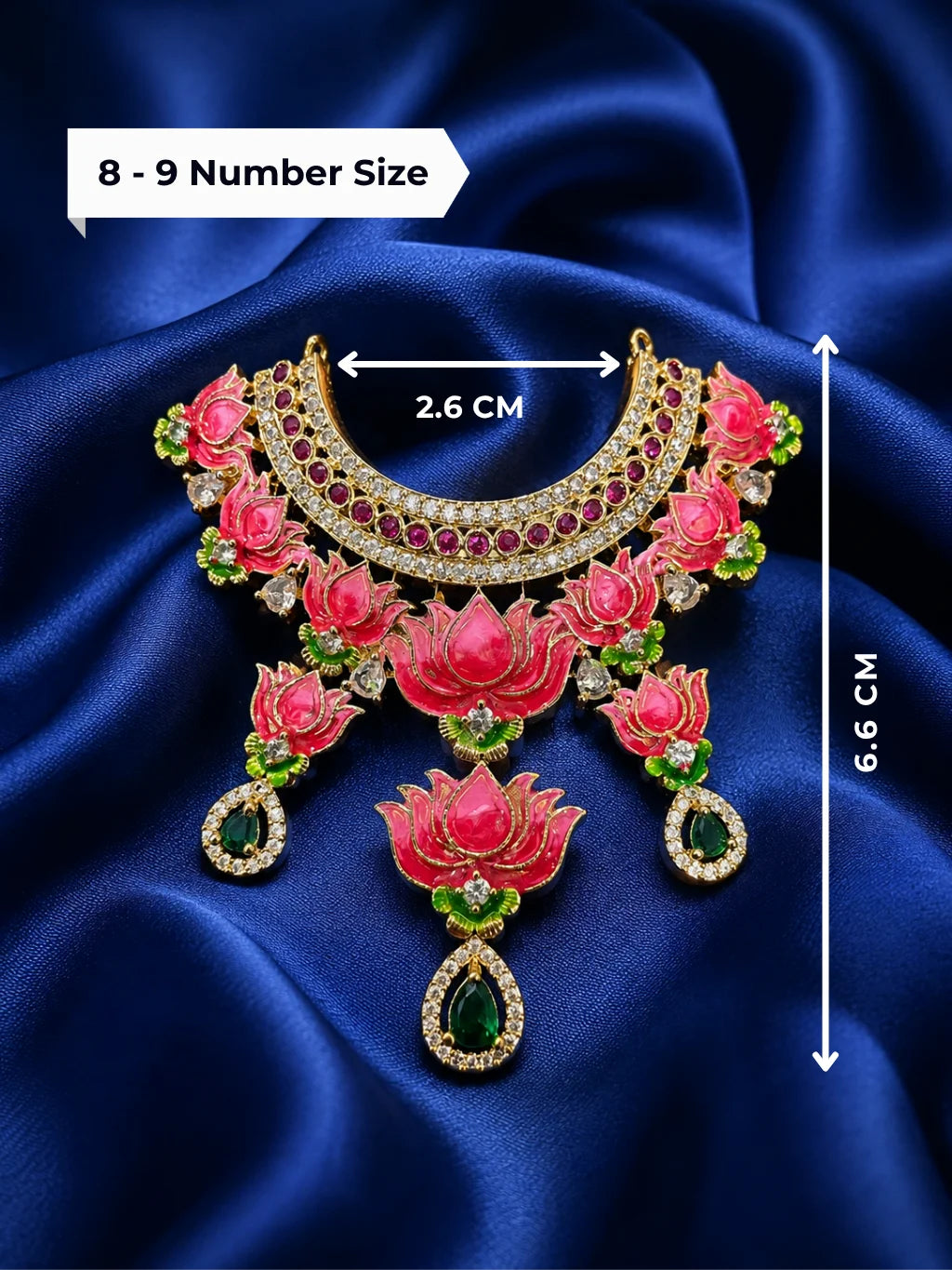 Premium gold plated Rajwada Kamal Kanthi collar necklace with white American Diamonds and lotus motifs for Laddu Gopal deity shringar