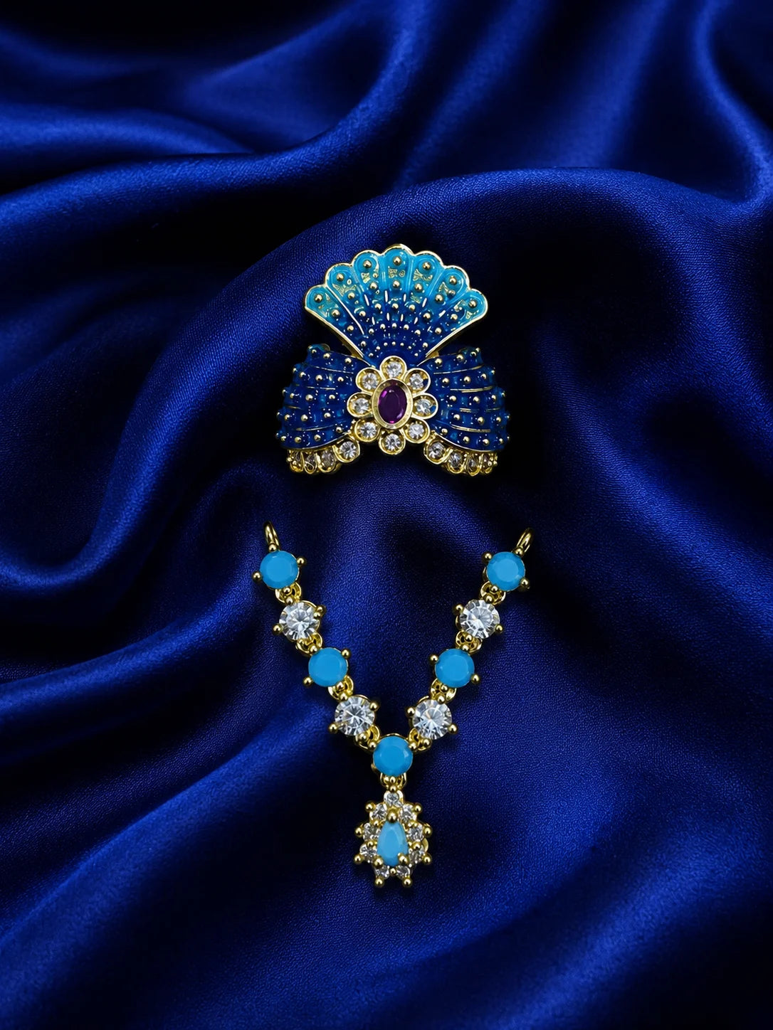 Raktima AD Necklace and Mukut Set for Laddu Gopal with sparkling American diamond stone work