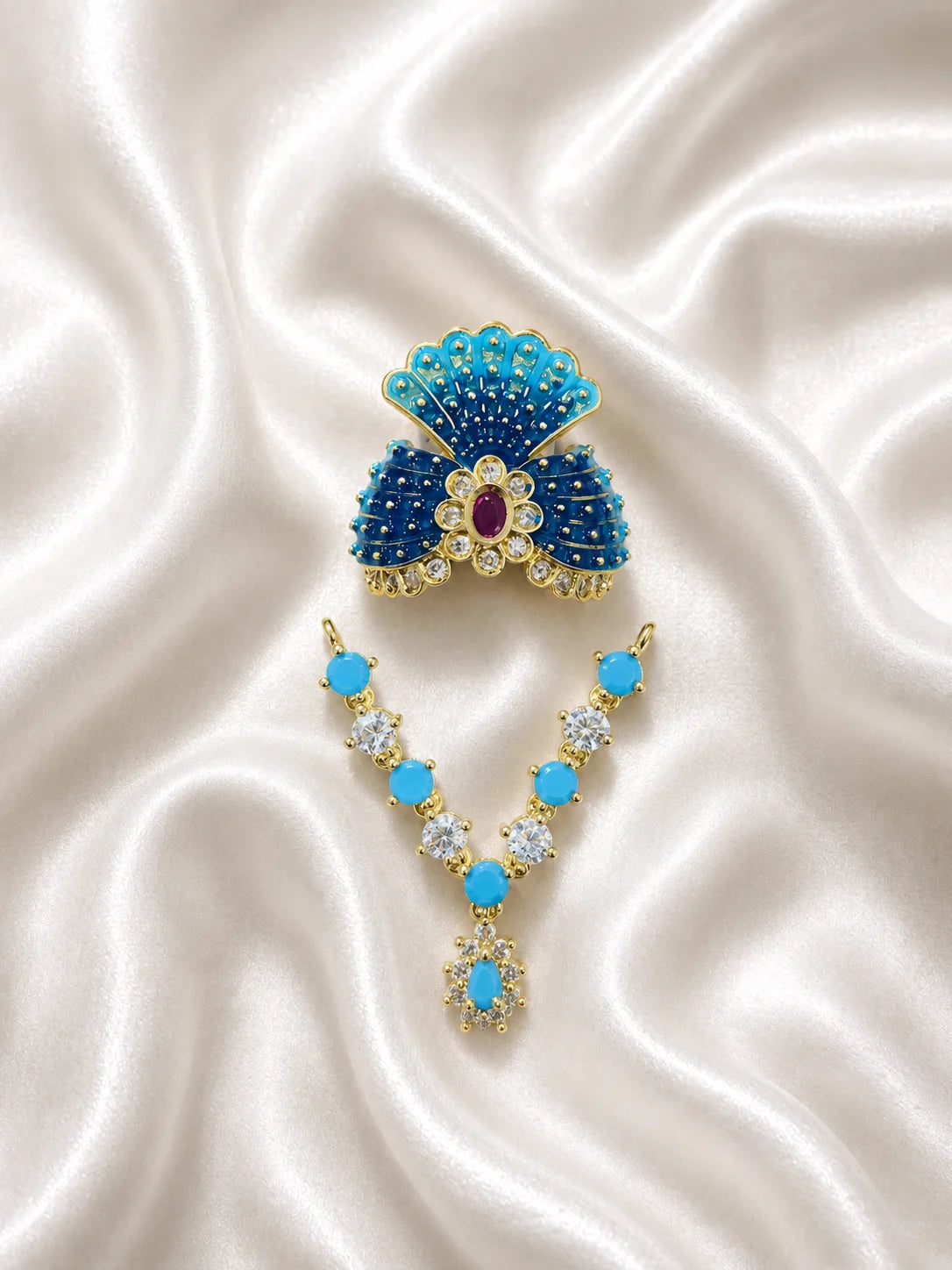 Raktima AD Necklace and Mukut Set for Laddu Gopal with sparkling American diamond stone work