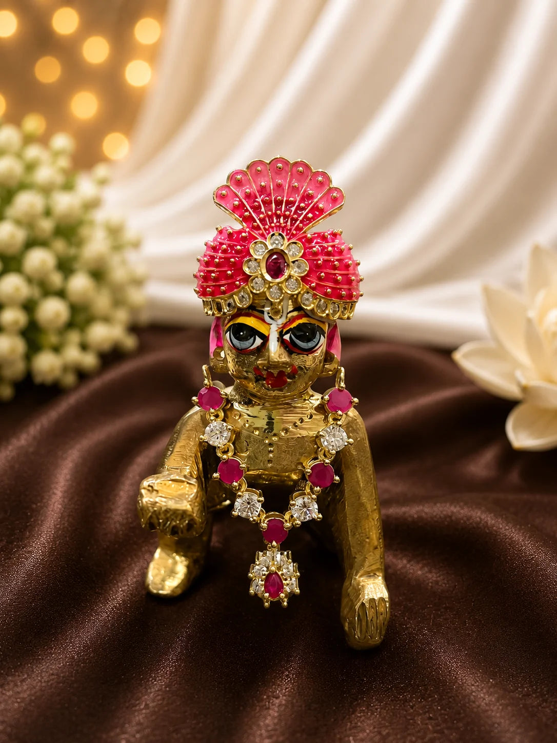 Raktima AD Necklace and Mukut Set for Laddu Gopal with sparkling American diamond stone work