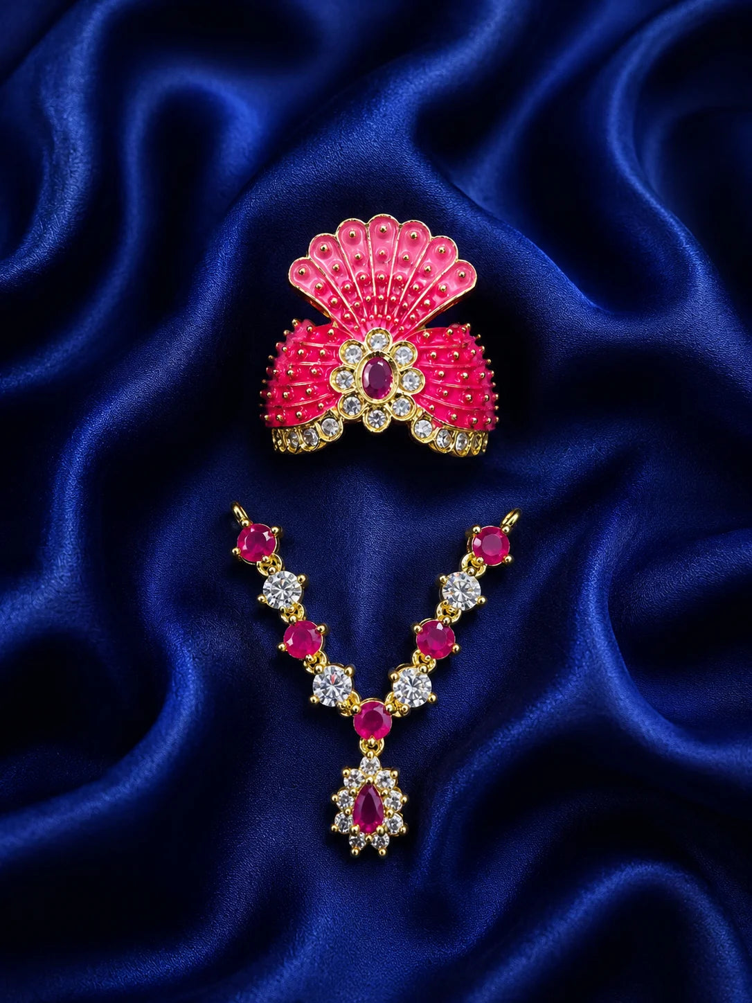 Raktima AD Necklace and Mukut Set for Laddu Gopal with sparkling American diamond stone work