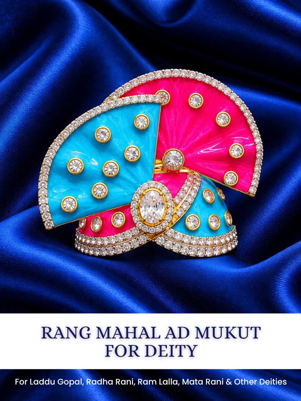 Shop Rang Mahal AD Mukut for Deity with vibrant royal-inspired artistry and sparkling AD work. A beautiful crown for Laddu Gopal and festive shringar.
