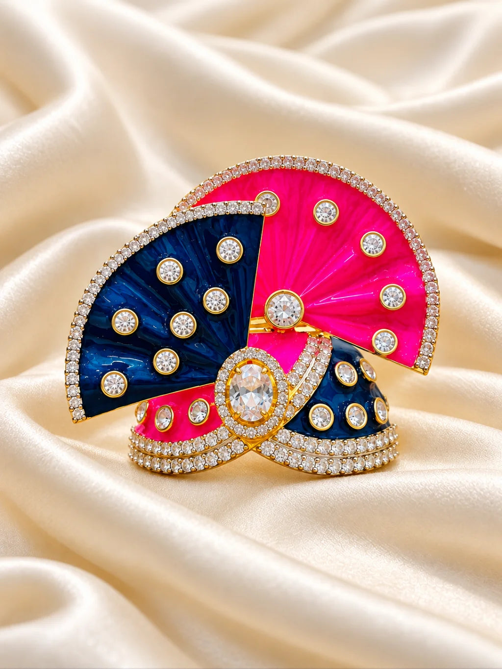 Shop Rang Mahal AD Mukut for Deity with vibrant royal-inspired artistry and sparkling AD work. A beautiful crown for Laddu Gopal and festive shringar.
