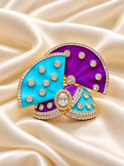 Shop Rang Mahal AD Mukut for Deity with vibrant royal-inspired artistry and sparkling AD work. A beautiful crown for Laddu Gopal and festive shringar.
