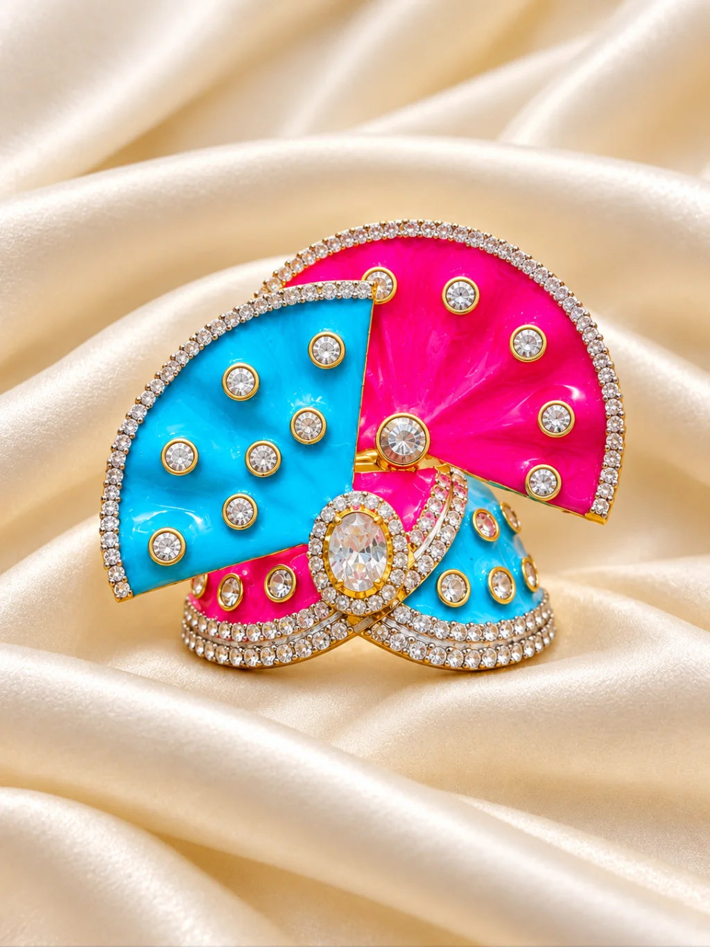 Shop Rang Mahal AD Mukut for Deity with vibrant royal-inspired artistry and sparkling AD work. A beautiful crown for Laddu Gopal and festive shringar.
