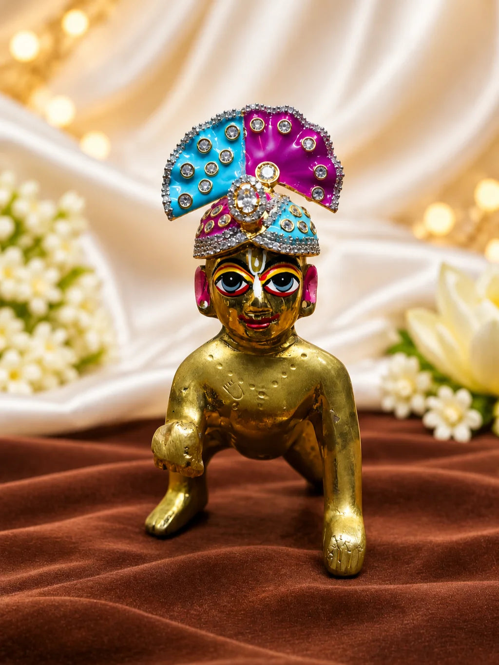 Shop Rang Mahal AD Mukut for Deity with vibrant royal-inspired artistry and sparkling AD work. A beautiful crown for Laddu Gopal and festive shringar.
