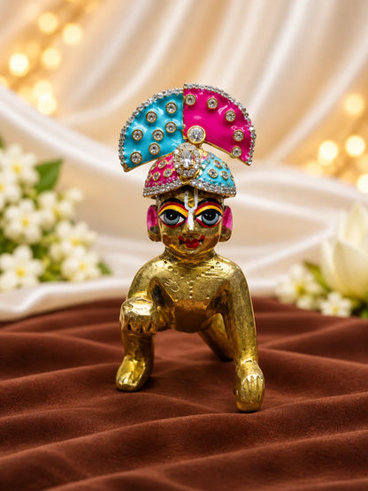 Shop Rang Mahal AD Mukut for Deity with vibrant royal-inspired artistry and sparkling AD work. A beautiful crown for Laddu Gopal and festive shringar.
