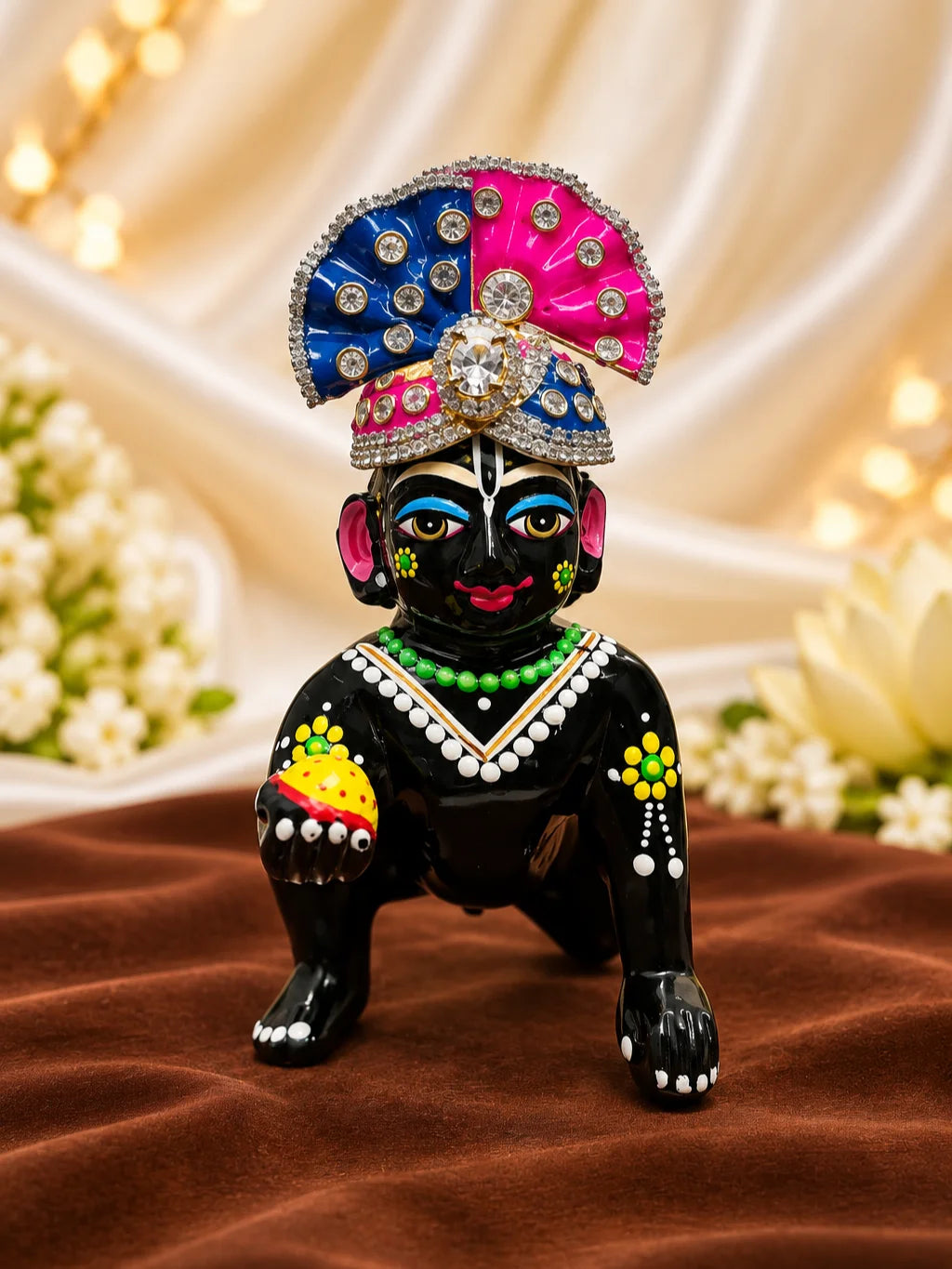Shop Rang Mahal AD Mukut for Deity with vibrant royal-inspired artistry and sparkling AD work. A beautiful crown for Laddu Gopal and festive shringar.
