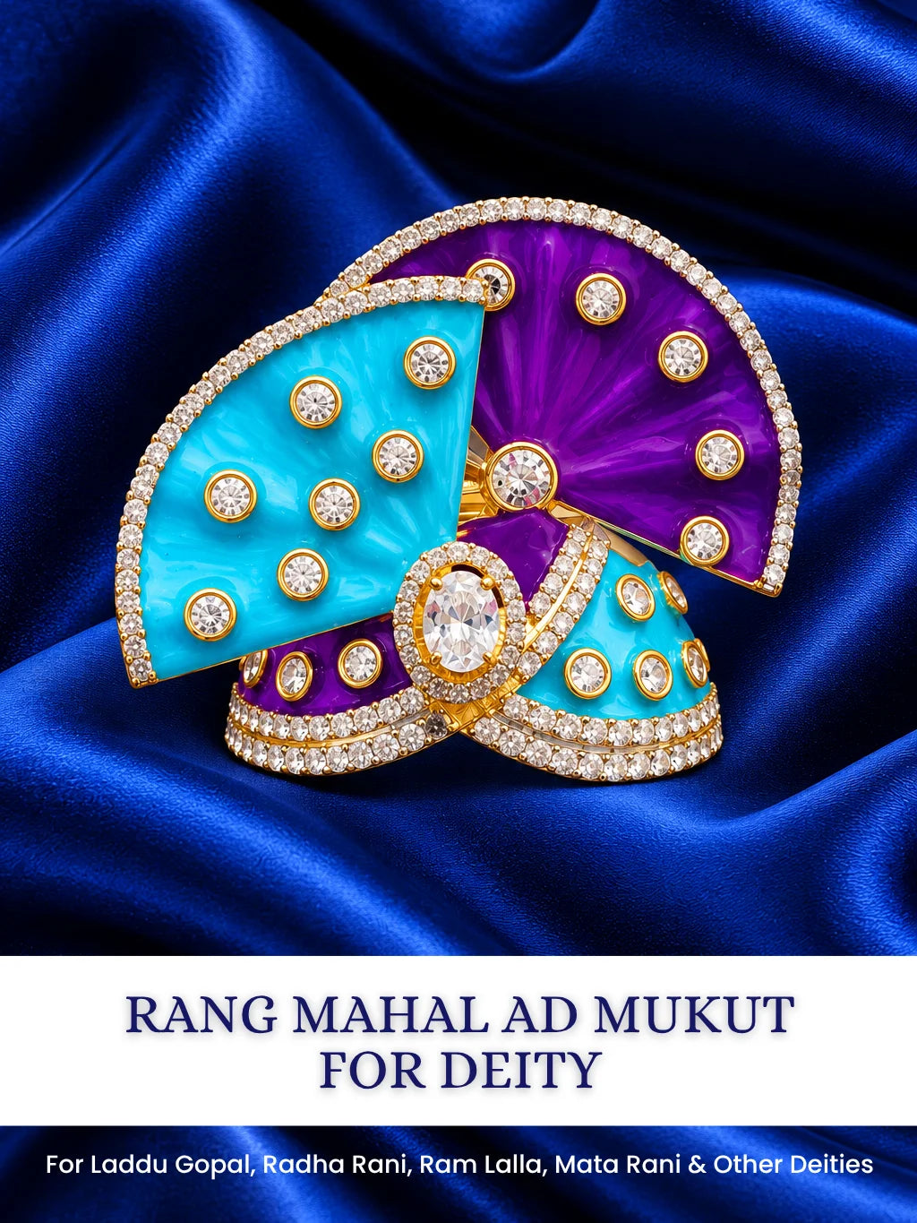 Shop Rang Mahal AD Mukut for Deity with vibrant royal-inspired artistry and sparkling AD work. A beautiful crown for Laddu Gopal and festive shringar.

