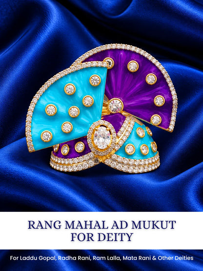 Shop Rang Mahal AD Mukut for Deity with vibrant royal-inspired artistry and sparkling AD work. A beautiful crown for Laddu Gopal and festive shringar.
