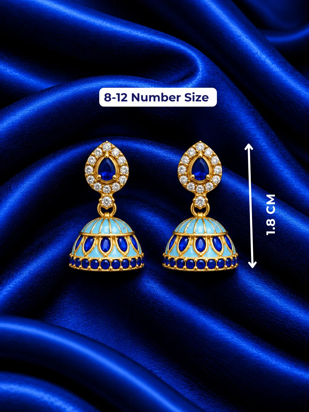  Rani Manjari AD Jhumka for Deity with royal floral-inspired styling and sparkling AD stones. Elegant earrings for Radha Rani and festive shringar.

