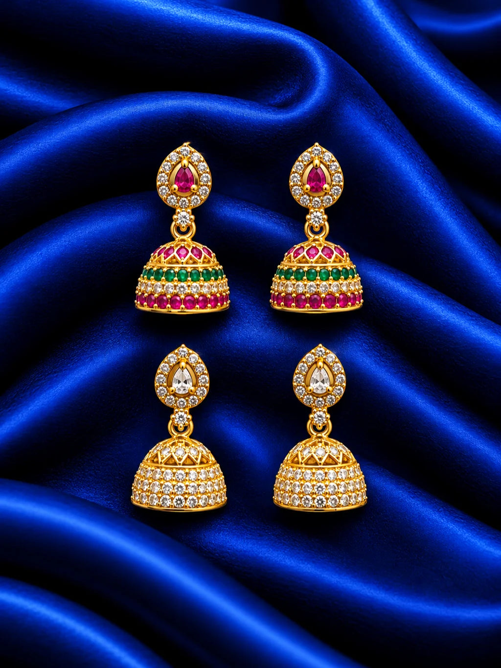  Rani Manjari AD Jhumka for Deity with royal floral-inspired styling and sparkling AD stones. Elegant earrings for Radha Rani and festive shringar.
