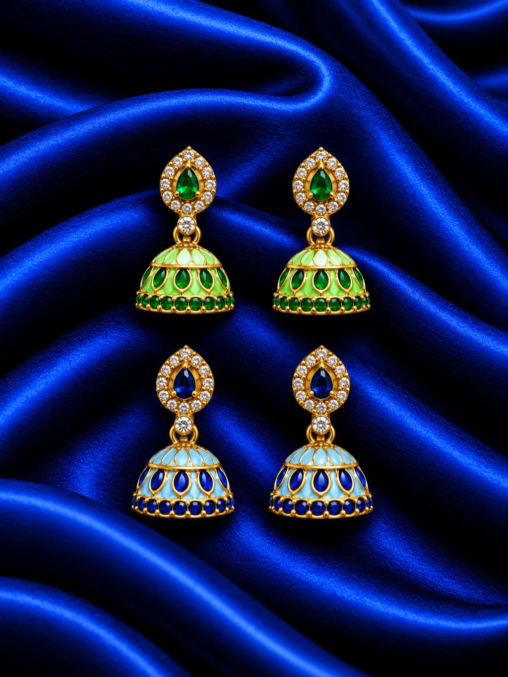  Rani Manjari AD Jhumka for Deity with royal floral-inspired styling and sparkling AD stones. Elegant earrings for Radha Rani and festive shringar.
