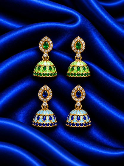  Rani Manjari AD Jhumka for Deity with royal floral-inspired styling and sparkling AD stones. Elegant earrings for Radha Rani and festive shringar.
