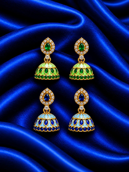  Rani Manjari AD Jhumka for Deity with royal floral-inspired styling and sparkling AD stones. Elegant earrings for Radha Rani and festive shringar.
