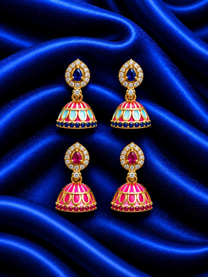  Rani Manjari AD Jhumka for Deity with royal floral-inspired styling and sparkling AD stones. Elegant earrings for Radha Rani and festive shringar.
