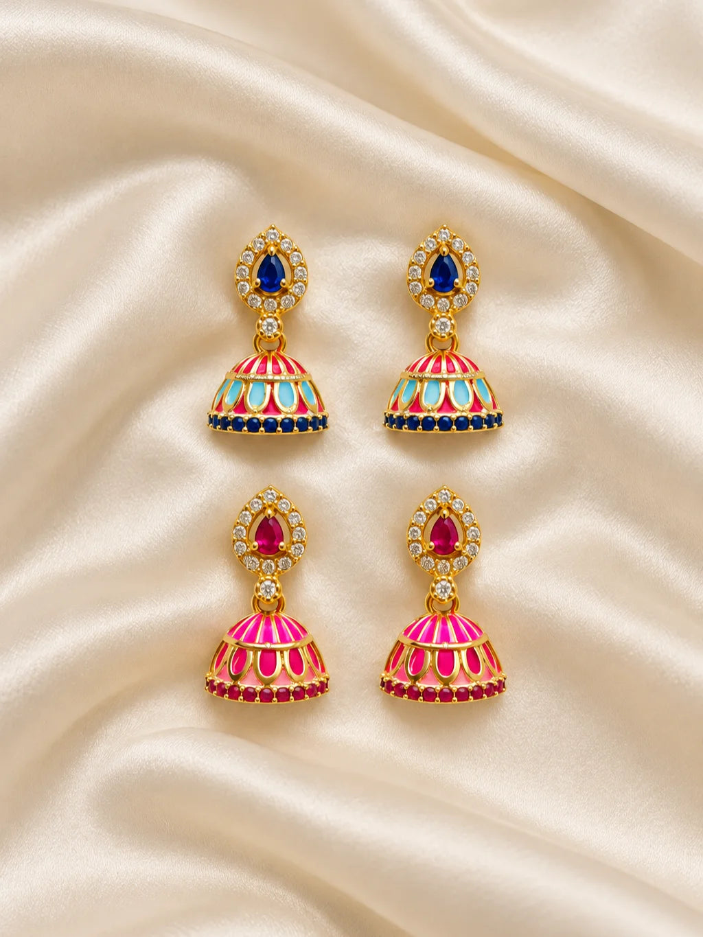  Rani Manjari AD Jhumka for Deity with royal floral-inspired styling and sparkling AD stones. Elegant earrings for Radha Rani and festive shringar.
