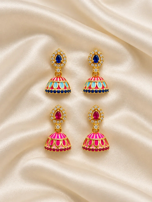  Rani Manjari AD Jhumka for Deity with royal floral-inspired styling and sparkling AD stones. Elegant earrings for Radha Rani and festive shringar.
