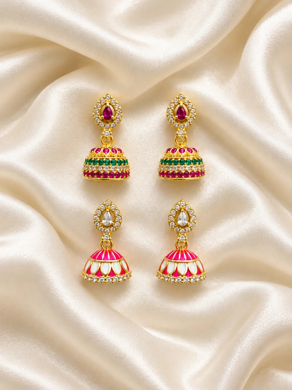  Rani Manjari AD Jhumka for Deity with royal floral-inspired styling and sparkling AD stones. Elegant earrings for Radha Rani and festive shringar.
