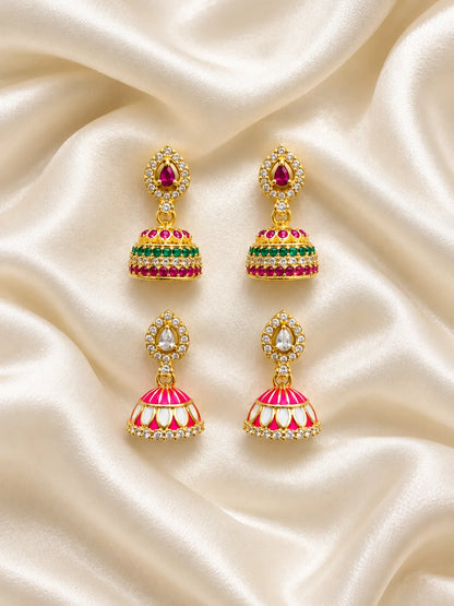  Rani Manjari AD Jhumka for Deity with royal floral-inspired styling and sparkling AD stones. Elegant earrings for Radha Rani and festive shringar.

