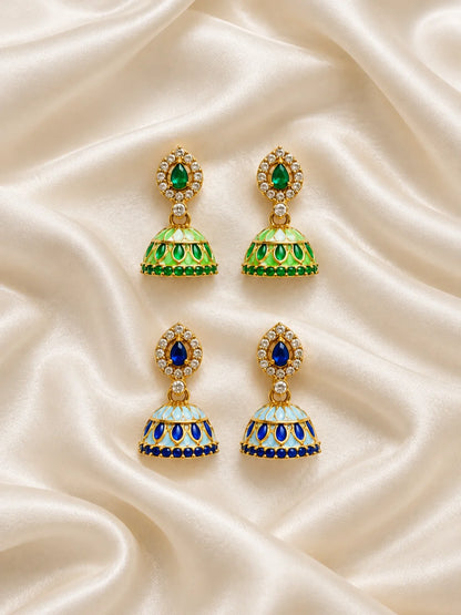  Rani Manjari AD Jhumka for Deity with royal floral-inspired styling and sparkling AD stones. Elegant earrings for Radha Rani and festive shringar.
