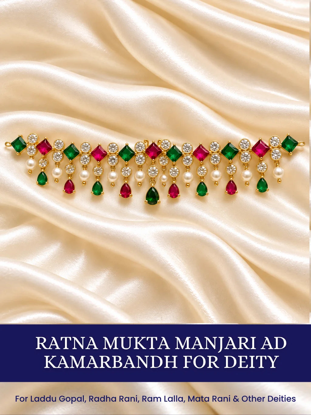 Ratna Mukta Manjari AD Kamarbandh for Deity featuring pearl-inspired ornamental styling and sparkling American Diamond detailing for Radha Rani waist shringar
