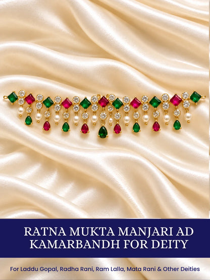 Ratna Mukta Manjari AD Kamarbandh for Deity featuring pearl-inspired ornamental styling and sparkling American Diamond detailing for Radha Rani waist shringar

