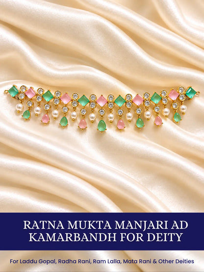 Ratna Mukta Manjari AD Kamarbandh for Deity featuring pearl-inspired ornamental styling and sparkling American Diamond detailing for Radha Rani waist shringar
