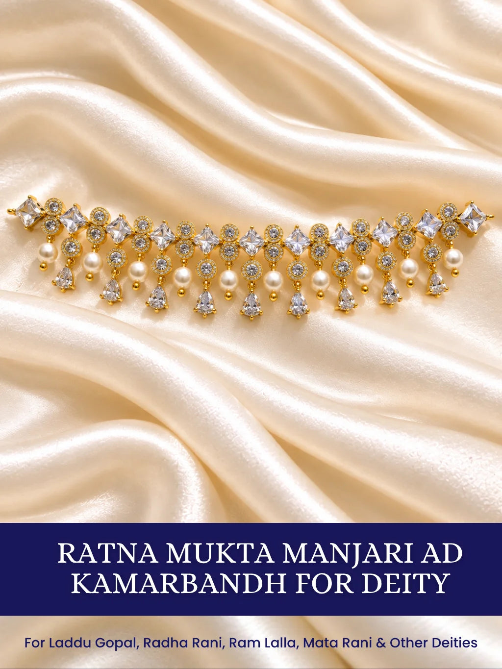 Ratna Mukta Manjari AD Kamarbandh for Deity featuring pearl-inspired ornamental styling and sparkling American Diamond detailing for Radha Rani waist shringar
