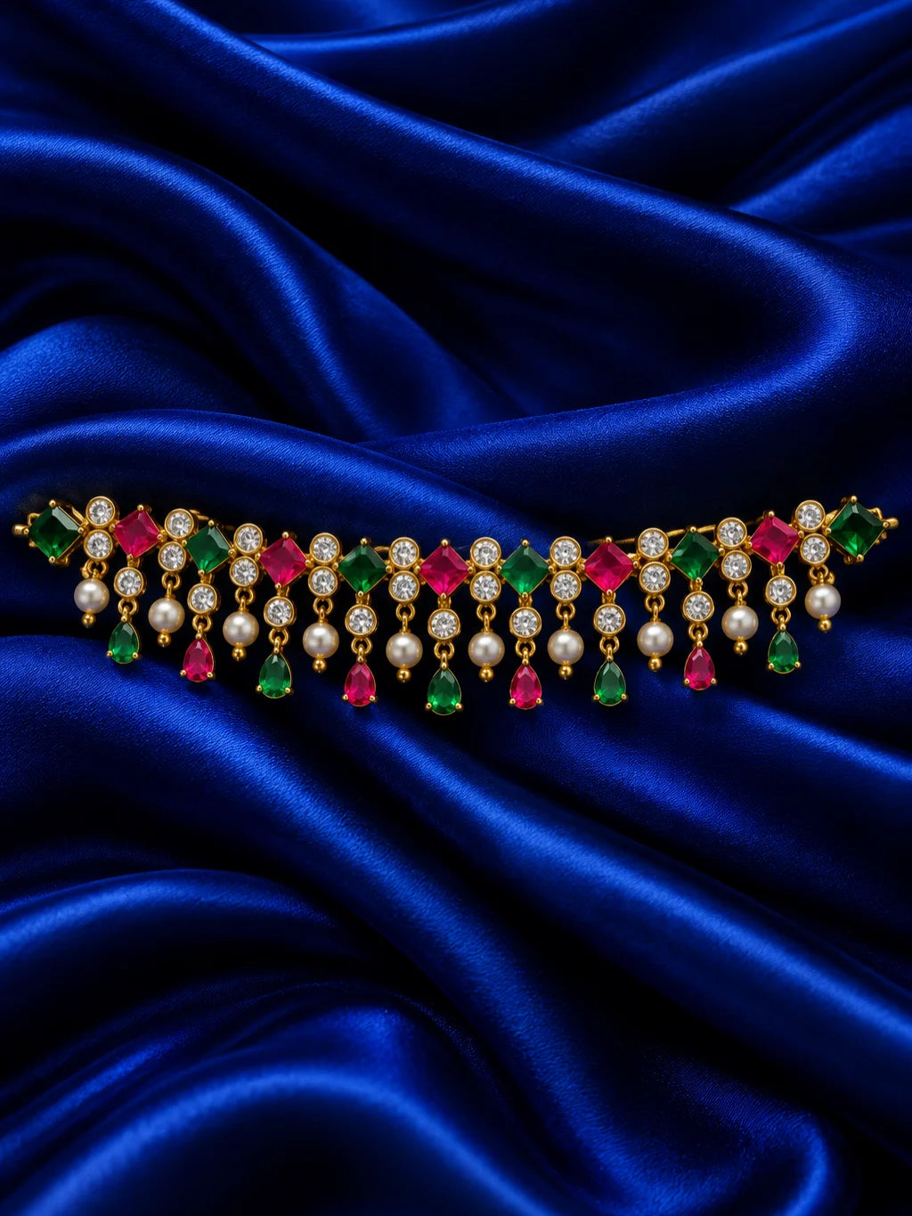 Ratna Mukta Manjari AD Kamarbandh for Deity featuring pearl-inspired ornamental styling and sparkling American Diamond detailing for Radha Rani waist shringar
