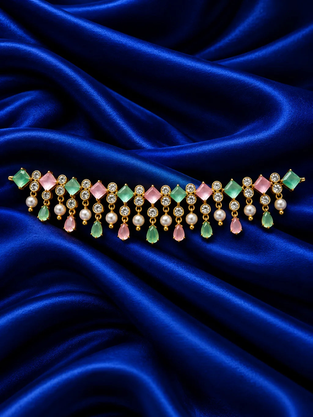 Ratna Mukta Manjari AD Kamarbandh for Deity featuring pearl-inspired ornamental styling and sparkling American Diamond detailing for Radha Rani waist shringar
