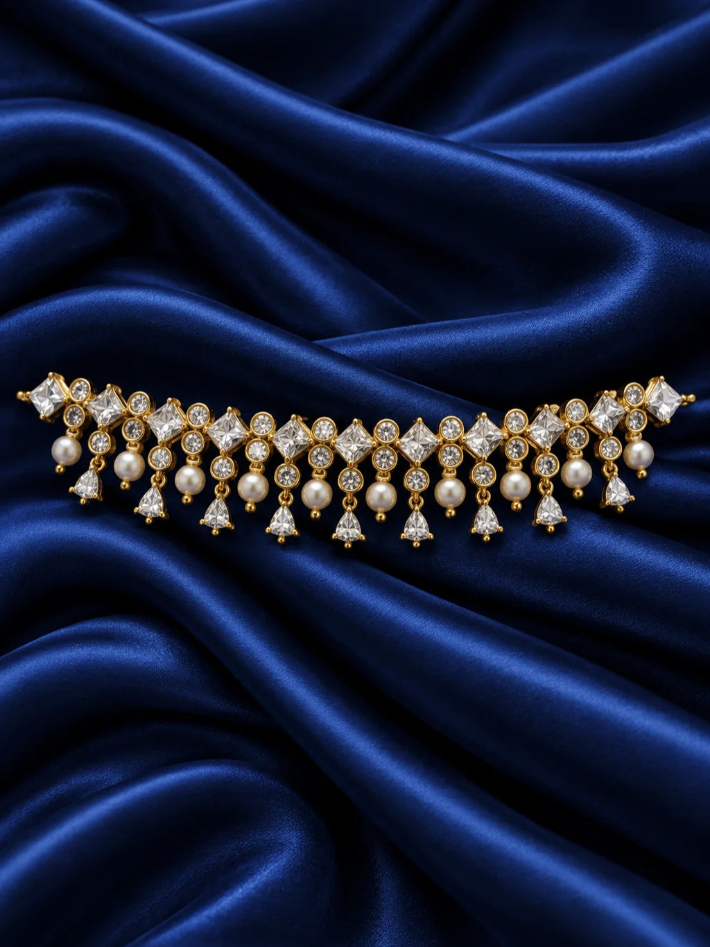Ratna Mukta Manjari AD Kamarbandh for Deity featuring pearl-inspired ornamental styling and sparkling American Diamond detailing for Radha Rani waist shringar

