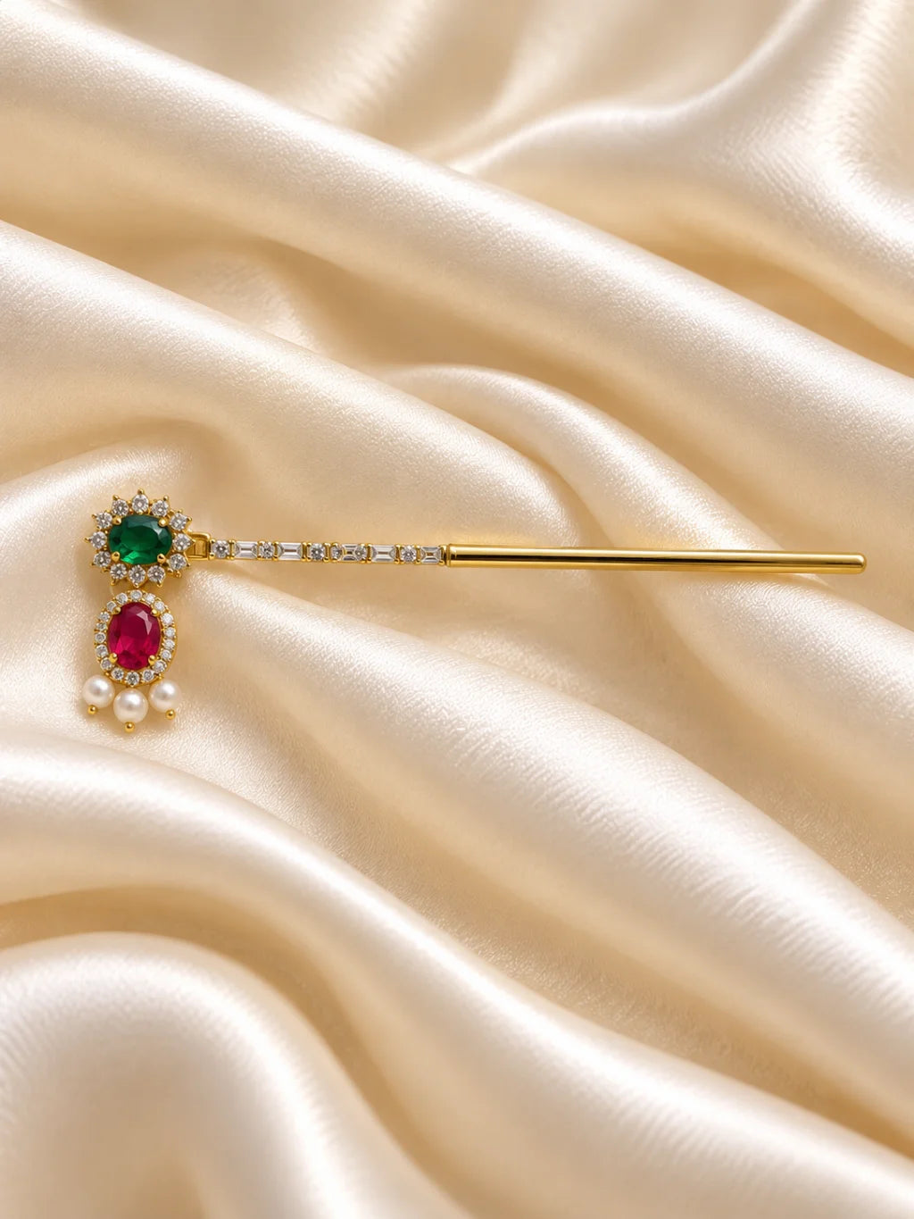 Ratna Mukta Pallavi AD Bansuri for Deity featuring precious jewel-inspired ornamentation, pearl-inspired accents, delicate botanical styling and sparkling American Diamond detailing for Laddu Gopal and Krishna Ji shringar.
