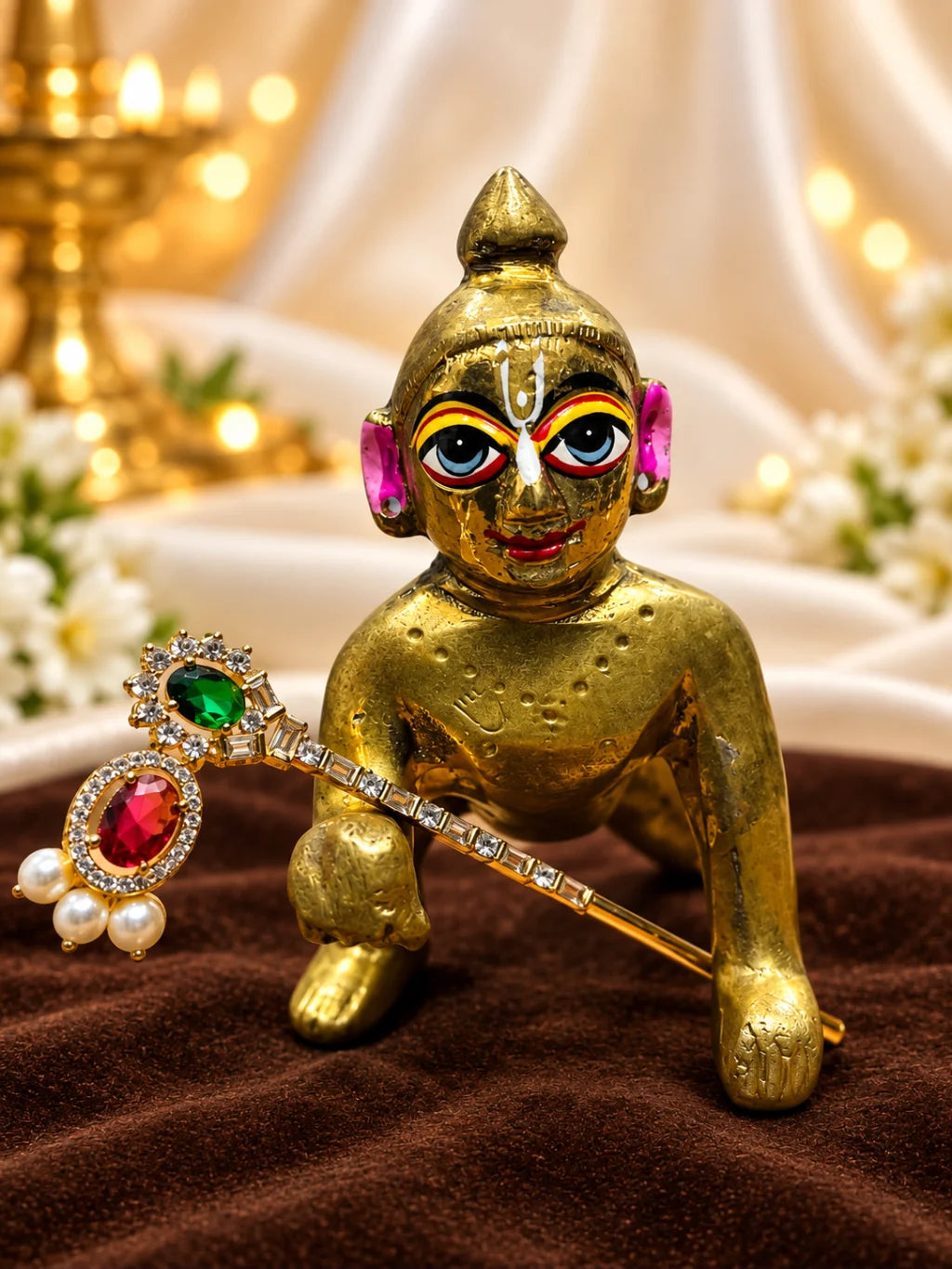 Ratna Mukta Pallavi AD Bansuri for Deity featuring precious jewel-inspired ornamentation, pearl-inspired accents, delicate botanical styling and sparkling American Diamond detailing for Laddu Gopal and Krishna Ji shringar.
