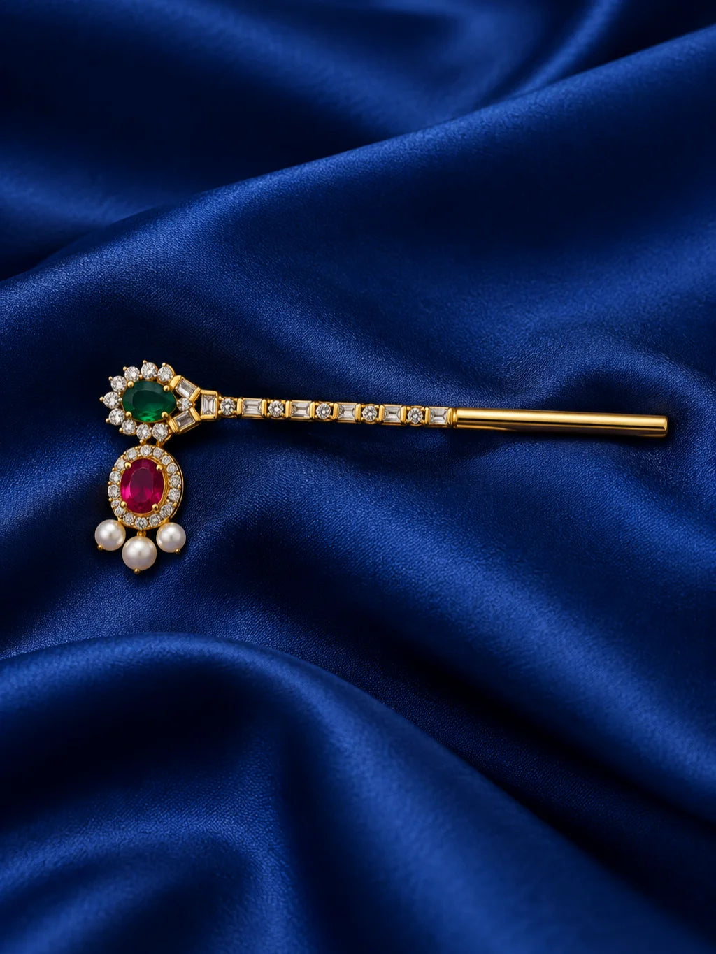 Ratna Mukta Pallavi AD Bansuri for Deity featuring precious jewel-inspired ornamentation, pearl-inspired accents, delicate botanical styling and sparkling American Diamond detailing for Laddu Gopal and Krishna Ji shringar.
