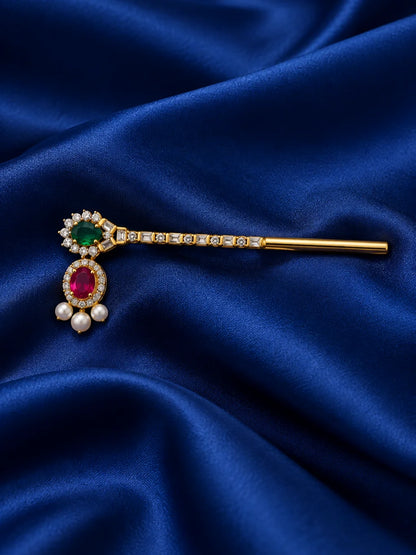Ratna Mukta Pallavi AD Bansuri for Deity featuring precious jewel-inspired ornamentation, pearl-inspired accents, delicate botanical styling and sparkling American Diamond detailing for Laddu Gopal and Krishna Ji shringar.
