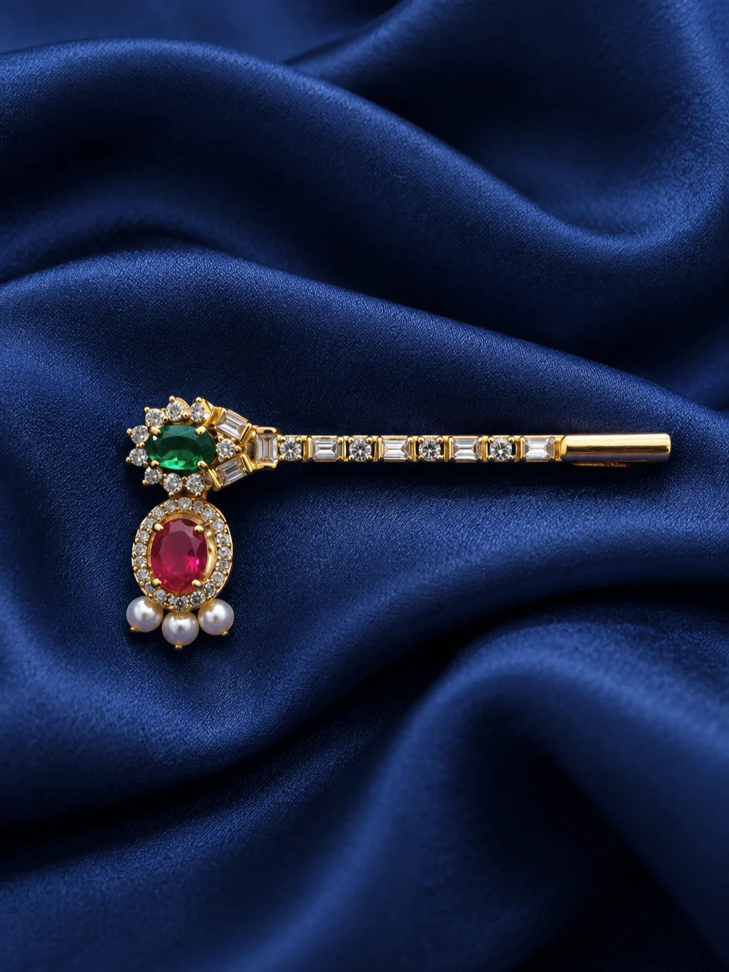 Ratna Mukta Pallavi AD Bansuri for Deity featuring precious jewel-inspired ornamentation, pearl-inspired accents, delicate botanical styling and sparkling American Diamond detailing for Laddu Gopal and Krishna Ji shringar.

