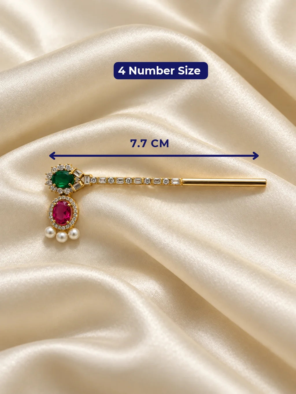 Ratna Mukta Pallavi AD Bansuri for Deity featuring precious jewel-inspired ornamentation, pearl-inspired accents, delicate botanical styling and sparkling American Diamond detailing for Laddu Gopal and Krishna Ji shringar.
