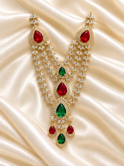 Ratna Pushpavali AD Necklace for Deity featuring floral jewel-inspired ornamentation and sparkling American Diamond detailing for Laddu Gopal and Radha Rani shringar
