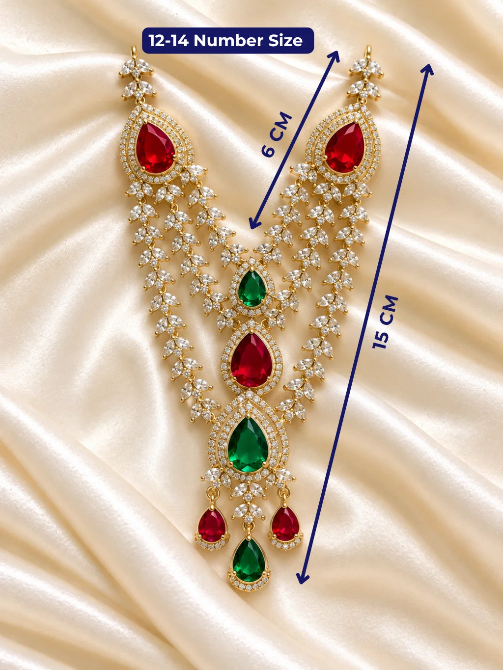 Ratna Pushpavali AD Necklace for Deity featuring floral jewel-inspired ornamentation and sparkling American Diamond detailing for Laddu Gopal and Radha Rani shringar
