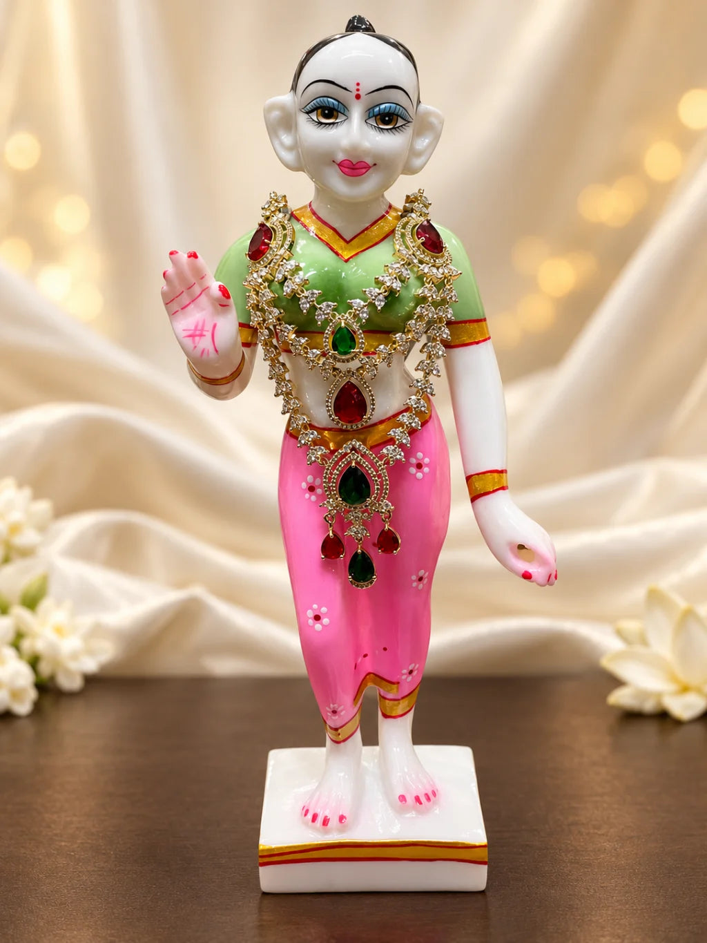 Ratna Pushpavali AD Necklace for Deity featuring floral jewel-inspired ornamentation and sparkling American Diamond detailing for Laddu Gopal and Radha Rani shringar
