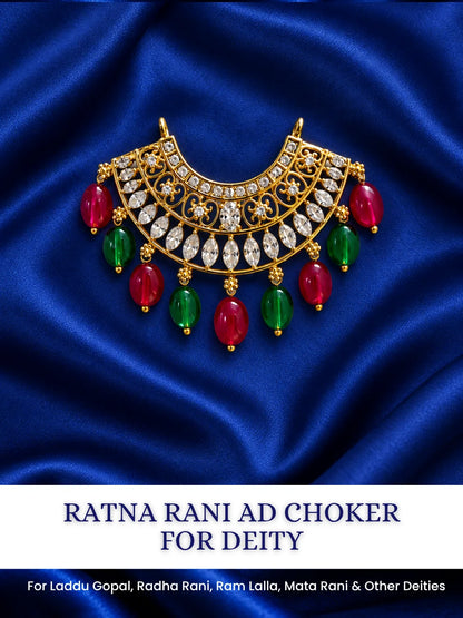 Ratna Rani AD Choker for Deity featuring sparkling American Diamond stones and elegant royal detailing. Perfect for Laddu Gopal and festive shringar.