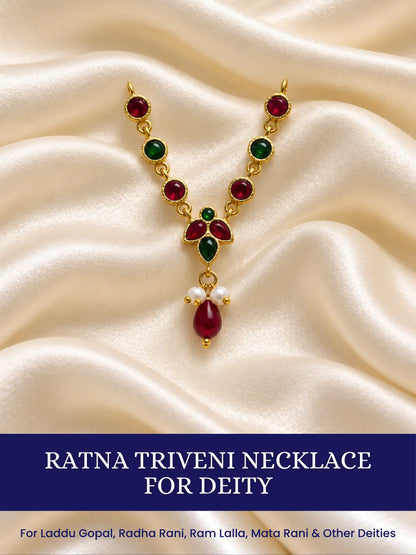 Ratna Triveni Necklace for Deity featuring precious jewel-inspired ornamental styling, ideal for traditional Laddu Gopal, Radha Rani and Krishna Ji shringar.
