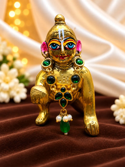 Ratna Triveni Necklace for Deity featuring precious jewel-inspired ornamental styling, ideal for traditional Laddu Gopal, Radha Rani and Krishna Ji shringar.
