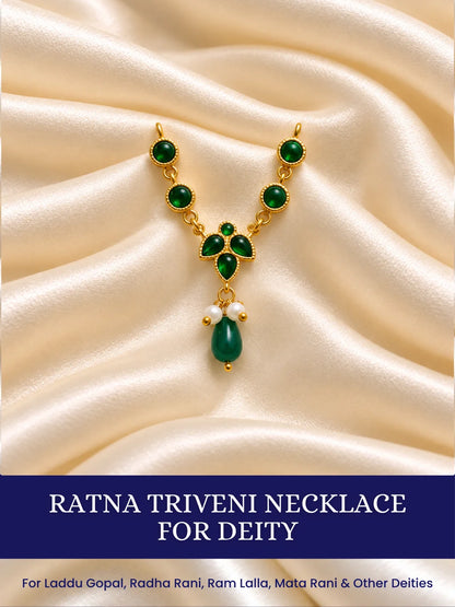 Ratna Triveni Necklace for Deity featuring precious jewel-inspired ornamental styling, ideal for traditional Laddu Gopal, Radha Rani and Krishna Ji shringar.
